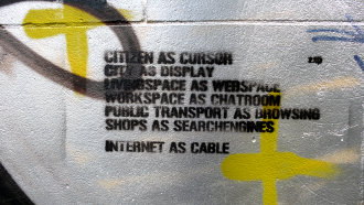 CITIZEN AS CURSOR, CITY AS DISPLAY, LIVINGSPACE AS WEBSPACE, WORKSPACE AS CHATROOM, PUBLIC TRANSPORT AS BROWSING, SHOPS AS SEARCHENGINES. INTERNET AS CABLE.